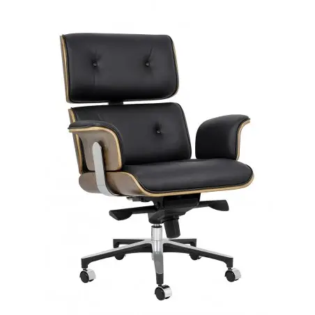 YS-6809.BLACK.WALNUT Fotel biurowy LOUNGE BUSINESS czarny - sklejka orzech, skóra naturalna, stal polerowana