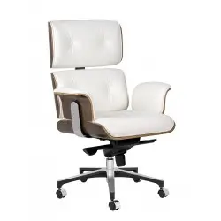YS-6809.WHITE.WALNUT Fotel biurowy LOUNGE BUSINESS biały - sklejka orzech,włoska skóra naturalna, stal polerowana