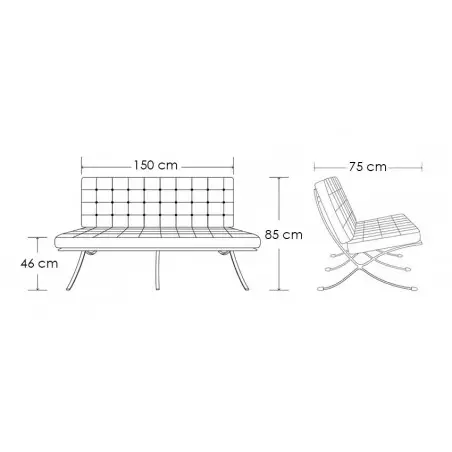 KH1501100132 Sofa dwuosobowa BARCELON czarna - włoska skóra naturalna, stal