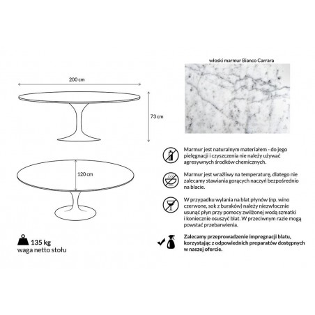KH1501100126 Stół TULIP ELLIPSE MARBLE CARRARA biały - blat owalny marmurowy, metal