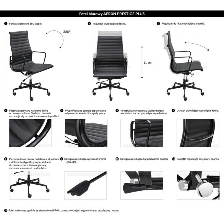 KH501100208 Fotel biurowy AERON PRESTIGE PLUS czarny - skóra naturalna, aluminium