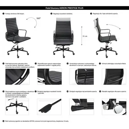 KH501100208 Fotel biurowy AERON PRESTIGE PLUS czarny - skóra naturalna, aluminium
