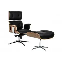 YS-6809.SET.WALNUT Fotel biurowy LOUNGE BUSINESS czarny z podnóżkiem - sklejka orzech, skóra naturalna, stal polerowana