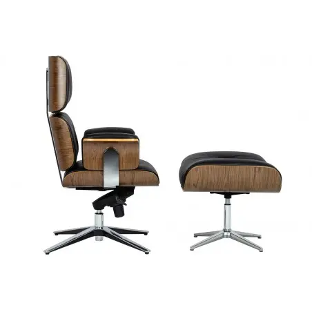 YS-6809.SET.WALNUT Fotel biurowy LOUNGE BUSINESS czarny z podnóżkiem - sklejka orzech, skóra naturalna, stal polerowana