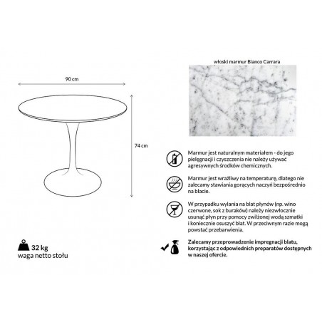 GT-09M.FI90 Stół TULIP MARBLE 90 CARRARA biały - blat okrągły marmurowy, metal