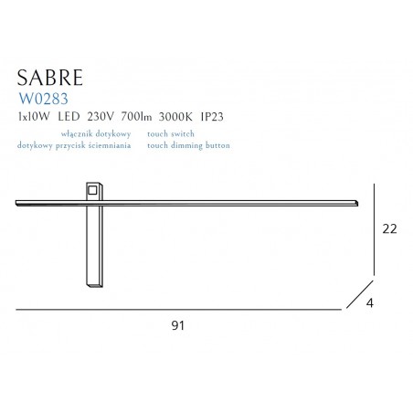 MAXLIGHT W0283 KINKIET SABRE 91 cm CZARNY IP23, ściemnialny z włącznikiem d