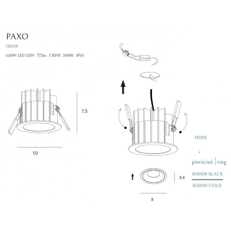MAXLIGHT H0108 OPRAWA WPUSTOWA PAXO LED 10W IP65 BIAŁA + PIERŚCIEŃ OZDOBNY