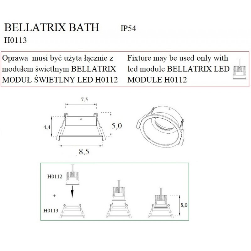 MAXLIGHT H0113 OPRAWA WPUSTOWA BELLATRIX BATH BIAŁA IP54- BEZ MODUŁU ŚWIETL