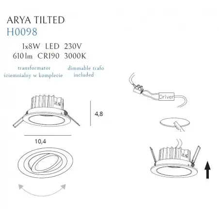 NOWOŚĆ MAXLIGHT H0098 OPRAWA WPUSTOWA MAX ARYA TILTED WHITE 8W ŚCIEMNIALNA