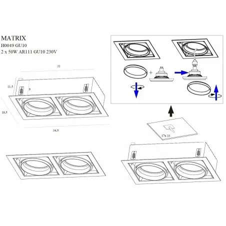 NOWOŚĆ MAXLIGHT H0049 OPRAWA WPUSTOWA MATRIX II CZARNA AR111 GU10 230V