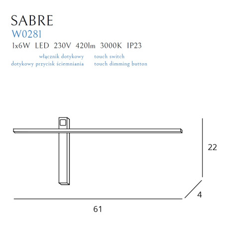 NOWOŚĆ MAXLIGHT W0281 KINKIET SABRE 61 cm CZARNY IP23, ściemnialny z włącznikiem dotykowym